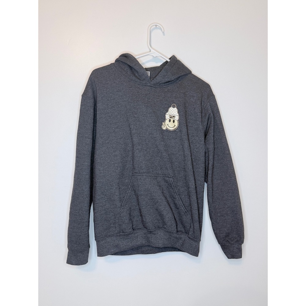 Good Vibes‎ Smiley Face Graphic Hoodie Charcoal Gray Small Leopard Peace Sign